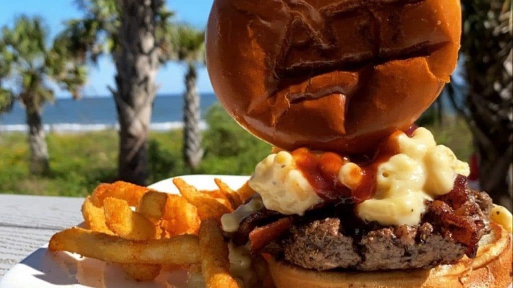 Burger and Fries with Ocean in Background
