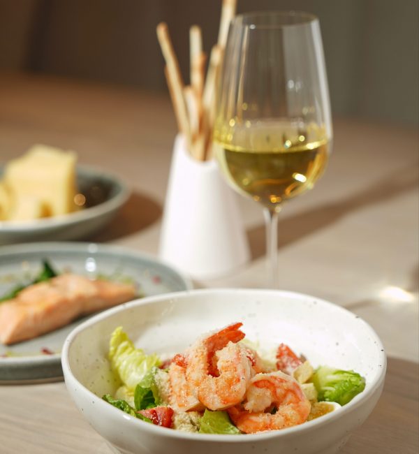 shrimp, salad, and wine